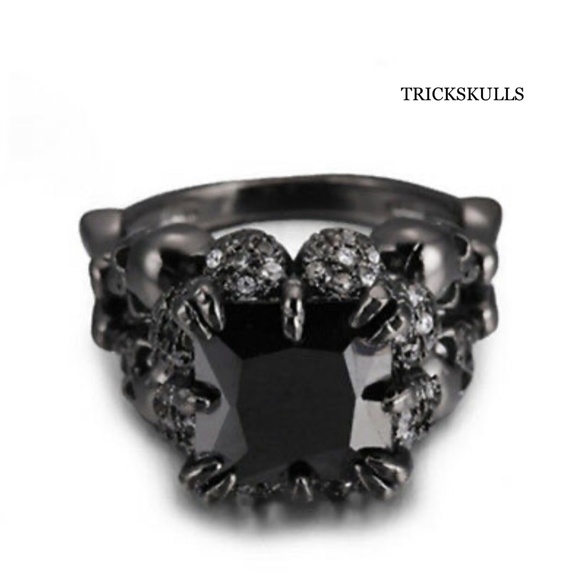 Four Skulls Black Anodized Sapphire Modern Gothic Punk Ring Size 7 8 9 10 New! - Picture 2 of 7